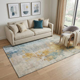 5' X 8' Linen Gold And Teal Abstract Washable Area Rug With UV Protection