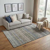 5' X 8' Taupe Beige And Blue Striped Washable Area Rug With UV Protection