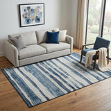 5' X 8' Denim Blue And Ivory Striped Washable Area Rug With UV Protection