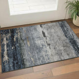 3' X 5' Navy Blue Gray And Silver Abstract Washable Area Rug With UV Protection