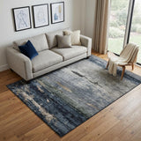 5' X 8' Navy Blue Gray And Silver Abstract Washable Area Rug With UV Protection