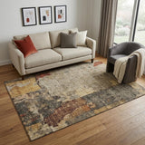 5' X 8' Khaki Gold And Blue Abstract Washable Area Rug With UV Protection