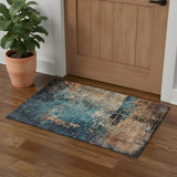 3' X 5' Teal Beige And Gray Abstract Washable Area Rug With UV Protection