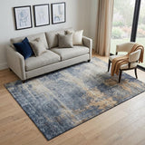 5' X 8' Denim Blue Silver And Beige Abstract Washable Area Rug With UV Protection