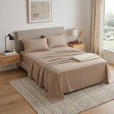 Four Piece Light Brown Cotton Queen Sheet Set