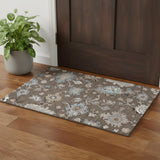 3' X 5' Chocolate Blue And Beige Floral Washable Area Rug With UV Protection