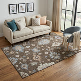 5' X 8' Chocolate Blue And Beige Floral Washable Area Rug With UV Protection