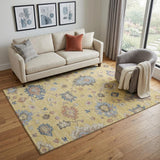 5' X 8' Gold Blue And Ivory Floral Washable Area Rug With UV Protection