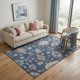 5' X 8' Navy Blue Copper And Gray Floral Washable Area Rug With UV Protection