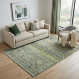 5' X 8' Artichoke Green Blue And Beige Abstract Geometric Washable Area Rug With UV Protection