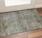 3' X 5' Pewter Olive Green And Beige Tribal Washable Area Rug With UV Protection