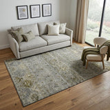 5' X 8' Pewter Olive Green And Beige Tribal Washable Area Rug With UV Protection