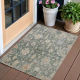 3' X 5' Artichoke Green Beige And Rust Floral Washable Indoor Outdoor Area Rug
