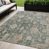 5' X 8' Artichoke Green Beige And Rust Floral Washable Indoor Outdoor Area Rug
