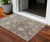 3' X 5' Chocolate Beige And Blue Floral Washable Indoor Outdoor Area Rug