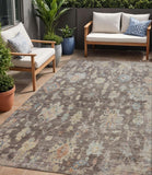 5' X 8' Chocolate Beige And Blue Floral Washable Indoor Outdoor Area Rug