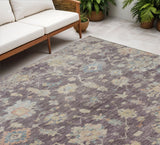 5' X 8' Eggplant Beige And Blue Floral Washable Indoor Outdoor Area Rug