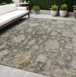 5' X 8' Fern Green Beige And Blue Floral Washable Indoor Outdoor Area Rug