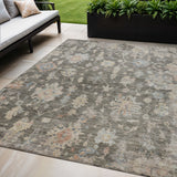 5' X 8' Gray Beige And Blue Floral Washable Indoor Outdoor Area Rug