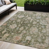 5' X 8' Olive Green Beige And Blue Floral Washable Indoor Outdoor Area Rug