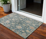 3' X 5' Teal Blue Beige And Gold Floral Washable Indoor Outdoor Area Rug