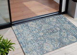 3' X 5' Denim Blue And Ivory Medallion Washable Indoor Outdoor Area Rug