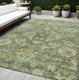 5' X 8' Fern Green And Gold Medallion Washable Indoor Outdoor Area Rug