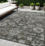 5' X 8' Pewter And Silver Medallion Washable Indoor Outdoor Area Rug