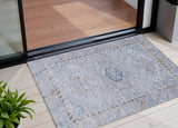 3' X 5' Sky Blue And Brown Medallion Washable Indoor Outdoor Area Rug