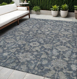 5' X 8' Denim Blue And Silver Floral Washable Indoor Outdoor Area Rug