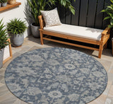 8' Denim Blue And Silver Round Floral Washable Indoor Outdoor Area Rug