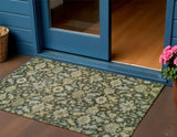 3' X 5' Olive Green Teal Blue And Gold Floral Washable Indoor Outdoor Area Rug
