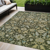 5' X 8' Olive Green Teal Blue And Gold Floral Washable Indoor Outdoor Area Rug