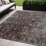 5' X 8' Burgundy And Gray Damask Washable Indoor Outdoor Area Rug