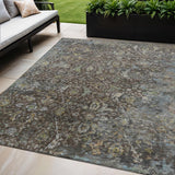 5' X 8' Chocolate And Gray Damask Washable Indoor Outdoor Area Rug