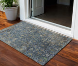 3' X 5' Navy Blue And Gray Damask Washable Indoor Outdoor Area Rug