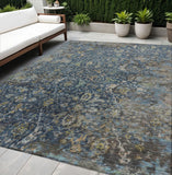 5' X 8' Navy Blue And Gray Damask Washable Indoor Outdoor Area Rug
