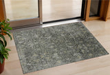 3' X 5' Pewter And Gray Damask Washable Indoor Outdoor Area Rug