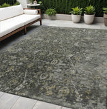 5' X 8' Pewter And Gray Damask Washable Indoor Outdoor Area Rug