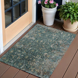 3' X 5' Teal Blue And Gray Damask Washable Indoor Outdoor Area Rug