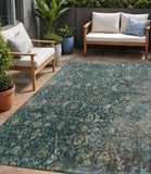 5' X 8' Teal Blue And Gray Damask Washable Indoor Outdoor Area Rug