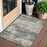 3' X 5' Artichoke Green Gold And Ivory Abstract Washable Indoor Outdoor Area Rug