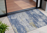 3' X 5' Navy Blue And Ivory Abstract Washable Indoor Outdoor Area Rug