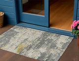 3' X 5' Pewter Ivory And Gold Abstract Washable Indoor Outdoor Area Rug