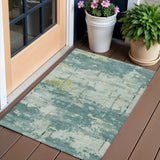 3' X 5' Teal Blue Ivory And Gold Abstract Washable Indoor Outdoor Area Rug