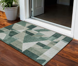 3' X 5' Sage And Ivory Geometric Washable Indoor Outdoor Area Rug