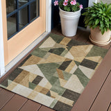 3' X 5' Fern Green Beige And Ivory Geometric Washable Indoor Outdoor Area Rug