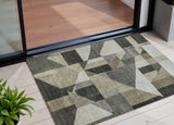 3' X 5' Pewter And Ivory Geometric Washable Indoor Outdoor Area Rug