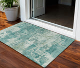 3' X 5' Teal Blue And Ivory Abstract Washable Indoor Outdoor Area Rug