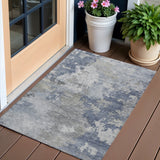3' X 5' Denim Blue And Ivory Abstract Washable Indoor Outdoor Area Rug